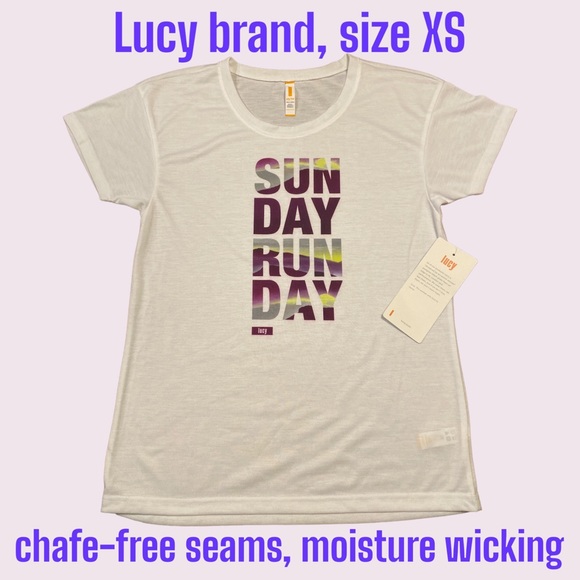 XS Lucy Sun Day Run Day T-shirt wicking, short sleeved, no chafe, white lightwt - Picture 1 of 11